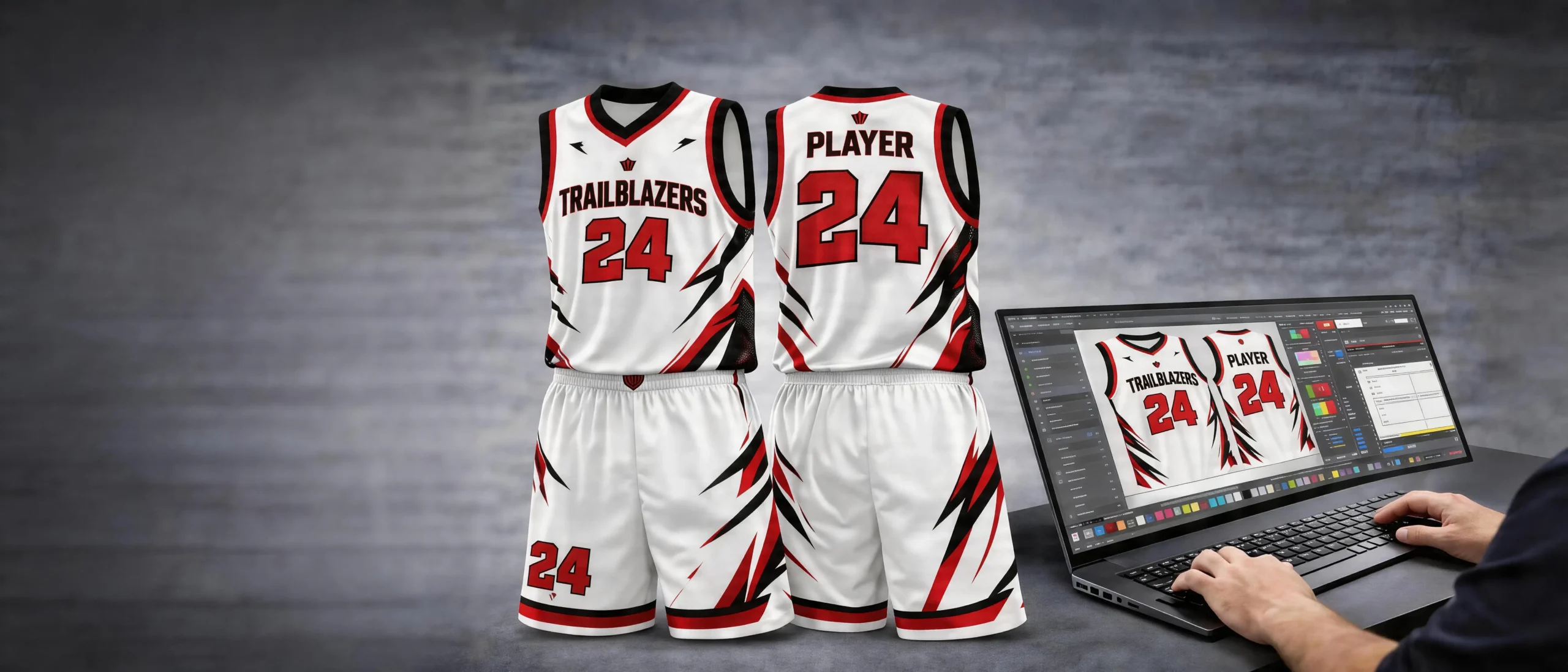 Basketball uniform size guide hero — team in custom jerseys