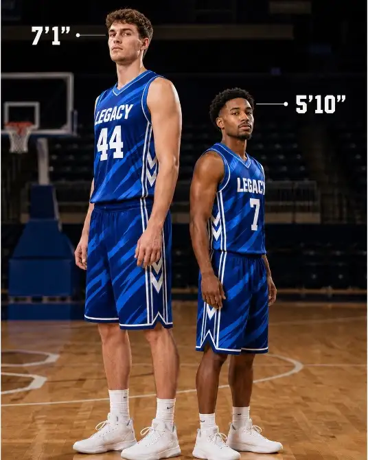 Custom fit basketball uniforms for tall players, centers, and big & tall athletes
